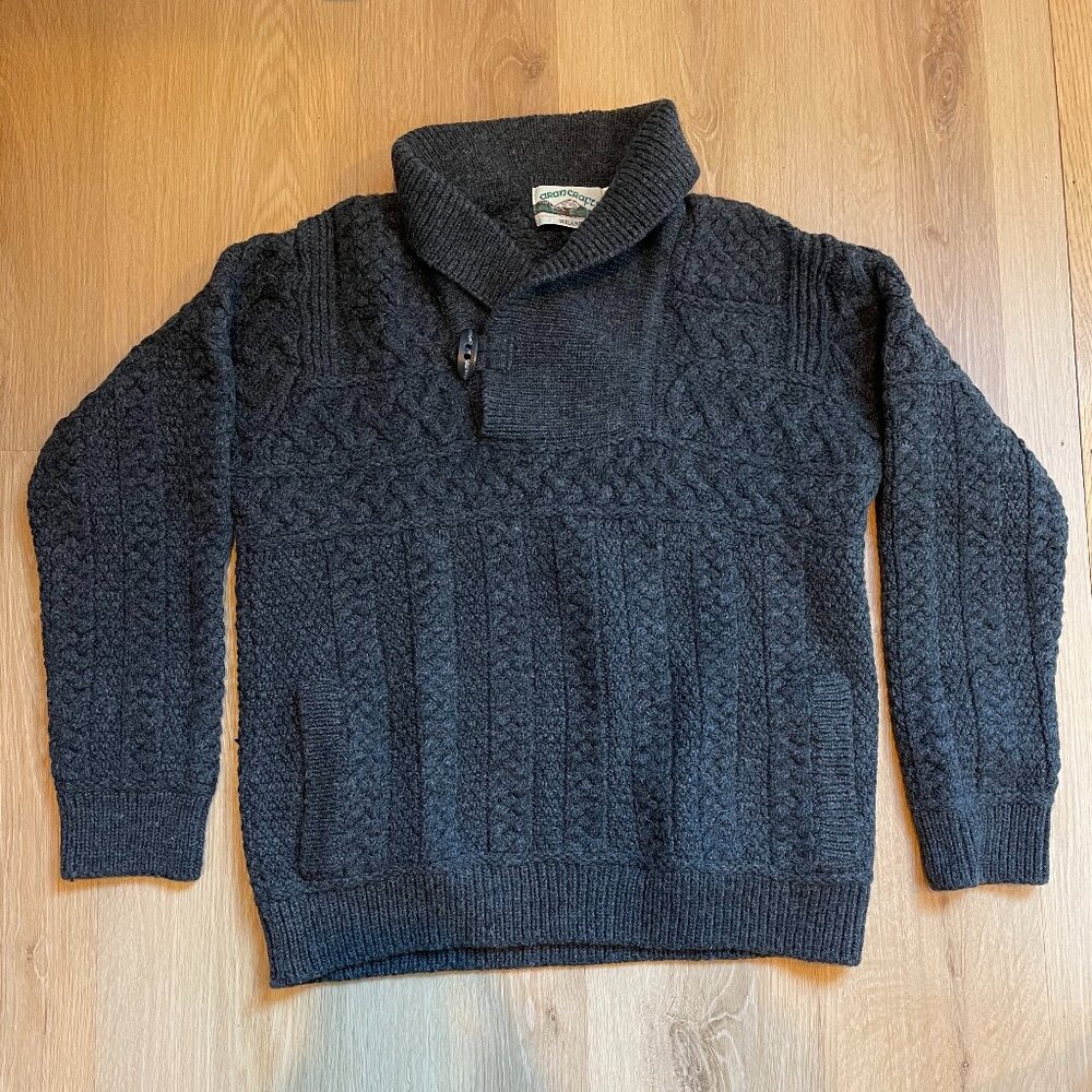 Aran Crafts Ireland Shawl Collar Sweater Men's S Charcoal Cable Knit Rrp $110